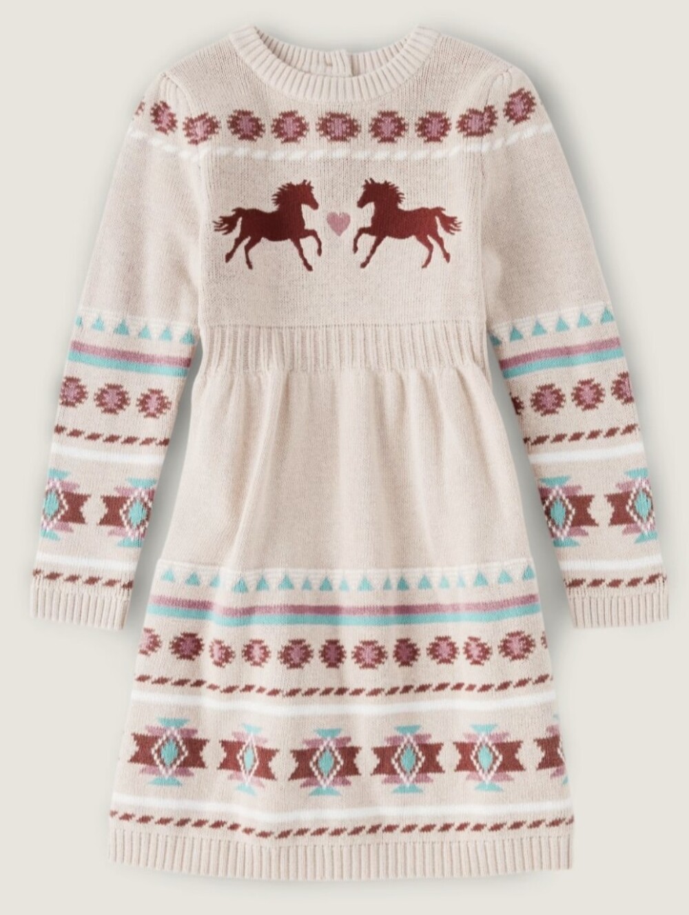 Gymbore Girls Intarsia Horse Fairisle Sweater Dress - Little Rocky Mountain Tan